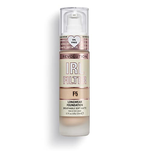 Makeup Revolution IRL Filter, Longwear Foundation, Medium to Full Coverage, Matte Finish, 16 Hour Wear, F5, Fair To Light Skin Tones, 23ml