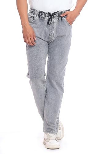 Image of Men's Denim Joggers, Regular Fit, Mid Rise, Stretchable Cotton Blend, Drawstring Waist, Soft Fabric, Multiple Pockets, Tapered Leg Casual Pants