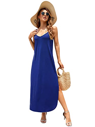 Image of HUSKARY Women's Summer Casual Sleeveless V Neck Strappy Split Loose Dress Beach Cover Up Long Cami Maxi Dresses with Pocket