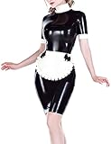 IDOBLO Sexy Latex French Maid Dress with Zippers Back White Apron Two Bows High Collar Rubber Uniform Bodycon Playsuit,Black-White,L