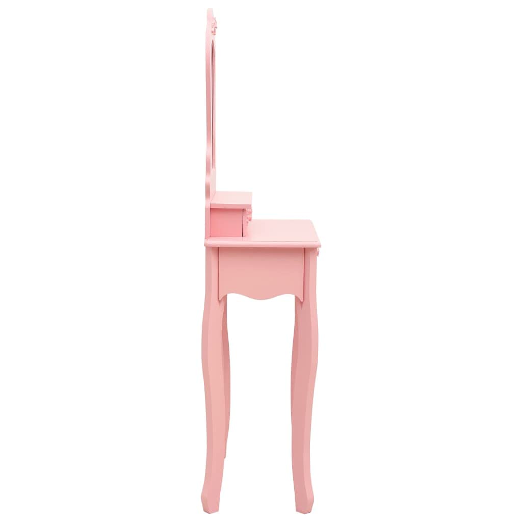 Juego de tocador con taburete de madera de paulownia rosa, 50 x 59 x 136 cm, con espejo, 1 cajón grande, 2 cajones pequeños, para dormitorio, baño, niña