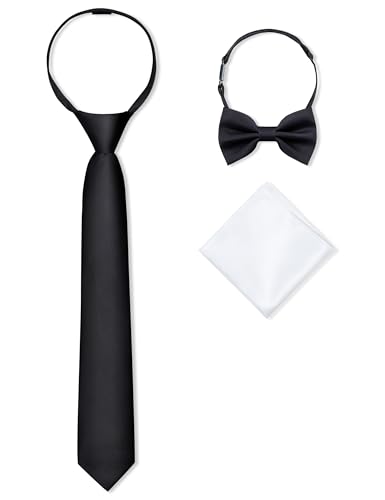 MagicSite Boys Black Tie Pre-tied Zipper Tie Kids Elastic Strap Bowtie and Pocket Square 3-piece For Age 8-12 Years With Gift Box