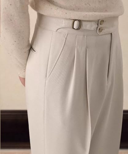 Men's Comfortable & Versatile High - Waisted Pleated Cotton Trousers for Autumn & Winter, White(34W×34L)2