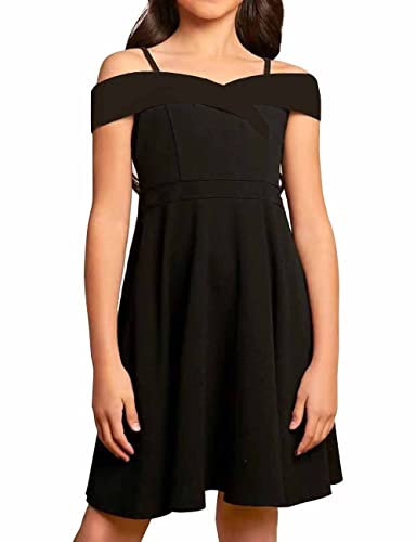 Luckyshe Big Girls Princess Dresses Elegant Cold Shoulder A Line Swing Party Dress For Kids,Black,9 Years #TOP2