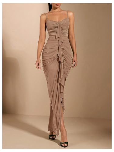 Image of Floerns Women's Ruffle Ruched Cami Dress Draped Split Elegant Bodycon Maxi Dresses