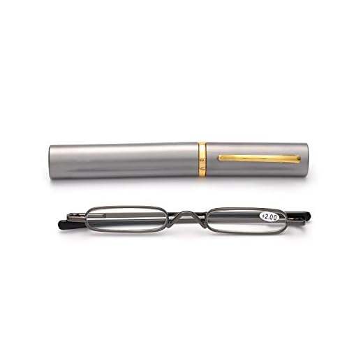 Easy Carry Mini Compact Slim Reading Glasses—Lightweight Portable Readers with w/Pen Clip Tube Case (Gun Grey, 1.50)