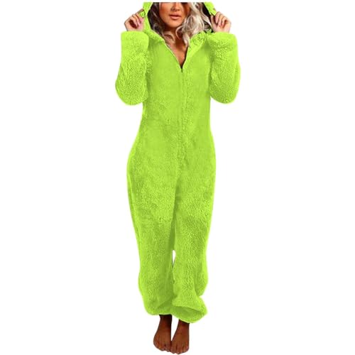 Generisch Mono de forro polar cálido para mujer, mono largo y mullido, con capucha, mono de peluche, pijama de una pieza, manga larga, monocolor, con cremallera, traje de casa, O Verde, L