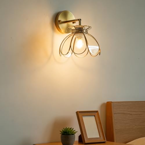 Image of Vintage Brass Ceiling Pendant Light with Stained Lotus Flower Clear Glass Shade, Oriental Hanging Lamp or Wall Sconces Dual-Purpose, for Kitchen Island Dining Room Bedroom Living Room-7.9 inch Shade