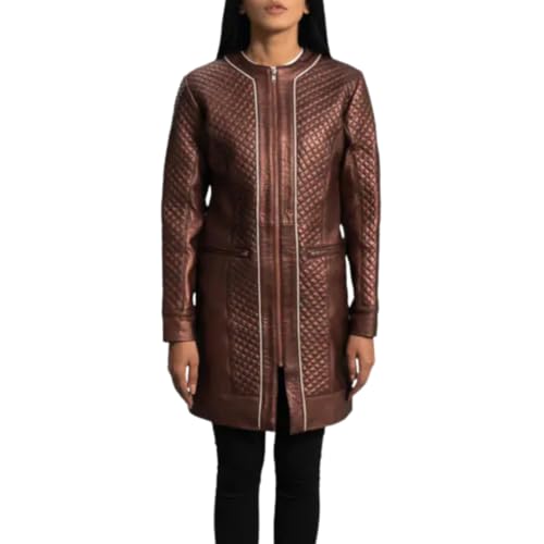 Quilted Long Leather Coat, Brown, Metallic Trim Detail, Mandarin Collar, Winter Fashion
