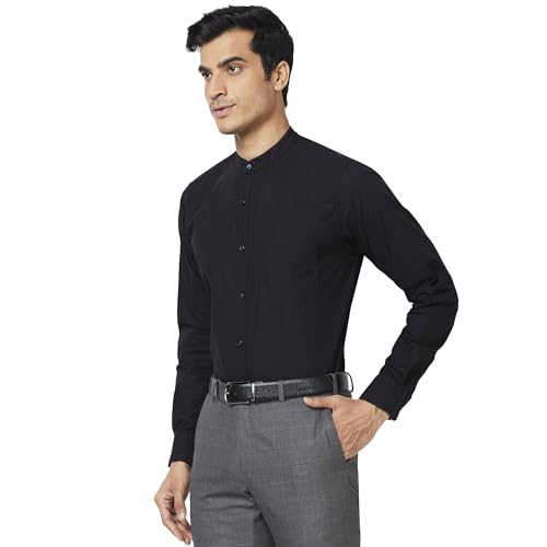 Image of Raymond Men Slim Fit Solid Pattern Pure Cotton Mandarin Collar Full Sleeve Casual Shirt
