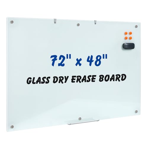 Large Glass Dry Erase Board, 72 x 48 Inches Magnetic Glass Whiteboard for Wall, 6' x 4' Frameless Board for Office, Home, School
