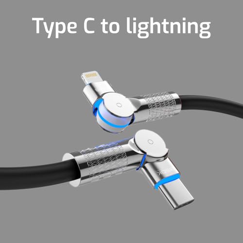 Image of Rubber Rotational Type C to Lightning Cable, 6Ft /2M, Compatible with iPhone, 27W Fast Charging, Knurled Metal Finish, LED Charging Indicator, Durable Design for Gaming | Black