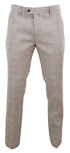 Mens Check Tweed Beige Brown Trousers Wedding Prom Vintage Retro Classic