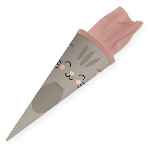 itenga Schultüte 35 cm Kawaii Tiere – Geschwister Schultüte mit Filzverschluss – kleine Zuckertüte Einschulung – Dino, Giraffe, Einhorn, Katze, Pinguin (Katze)