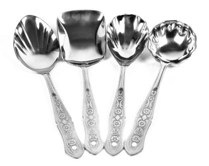 Stainless Steel Designer Serving Spoon Spatula Set of 4-2 Chamcha Pan and Oval (Solid Spoon), 1 Flower Karchi (Ladle) and 1 Rice Spoon
