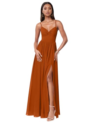 V Neck Bridesmaid Dresses for Women Ruched Pleated Chiffon Formal Evening Party Gown with Slit