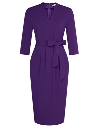 Office Dresses V Neck 3/4 Sleeve Church Dresses for Women Midi Pencil Dress L Purple