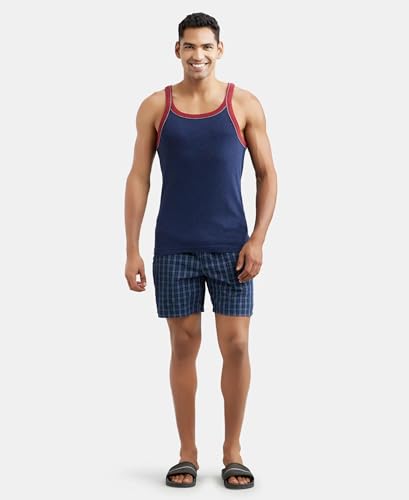 Image of Jockey US54 Men's Super Combed Cotton Rib Square Neckline Gym Vest with Back Panel Graphic Print (Shoulder Starp Color May Vary)