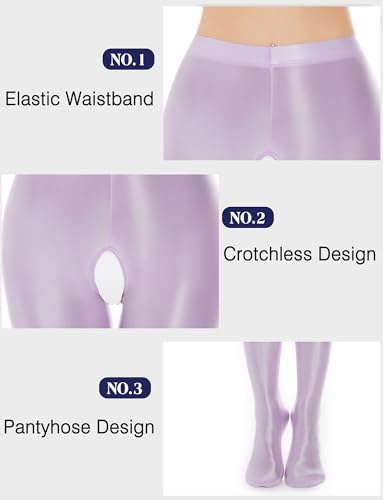 Image of FEOYA Women's Open Crotch Oil Shiny Pantyhose High Waist Control Top Silky Oily Crotchless Footed Tights Stockings