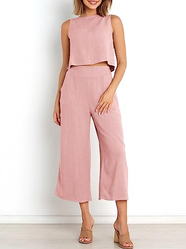 Image of ANRABESS Women's Summer 2 Piece Outfits Sleeveless Tank Crop Button Back Top Cropped Wide Leg Pants Set Pockets