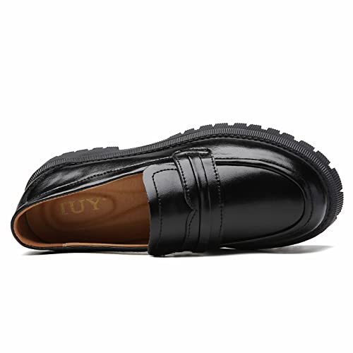 Image of Loafers for Women Black Leather Womens Loafers & Slip-Ons Chunky Penny Platform Classic Loafer Shoes Ladies Work Comfortable Business Casual Dressy Shoes