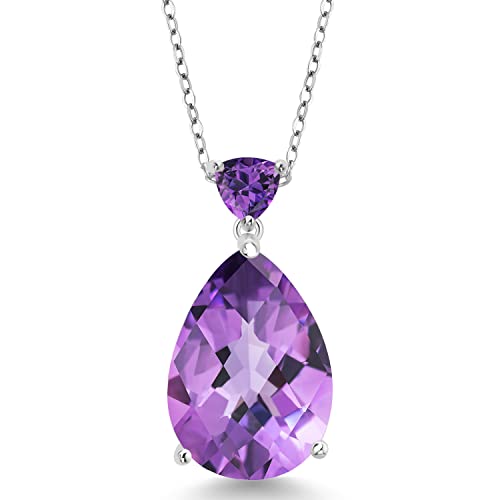 Gem Stone King 10.22 Cttw Purple Amethyst Pendant Necklace For Women | 925 Sterling Silver | Gemstone Birthstone | Pear Shape Checkerboard 18X13MM | With 18 Inch Chain - Main Image