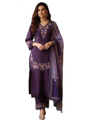 Kurta femme brodé haut de gamme Varanga et sa dupatta imprimée en coton Schiffli exclusif