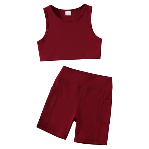 Image of Chichoo Girl's 2 Piece Athletic Outfits Workout Sets Sleeveless Crop Tank Tops and Bike Shorts Gymnastic Yoga Summer Kid 2-6Y