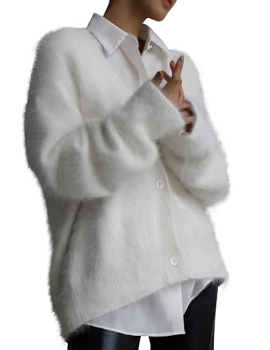 Image of COZYPOIN Womens Fuzzy Cardigan Sweater V Neck Button Down Soft Knit Coat | Loose, Comfy, Slouchy Drop Shoulder, Long Sleeve Fluffy Mohair, Warm, For Daily Work Holiday, Spring Fall Winter Fashion