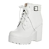  Damen Vintage Stiefeletten Plattform Blockabsatz Kurze Stiefel Schnürpumps Mode Motorradstiefel Runde Zehen High Heels