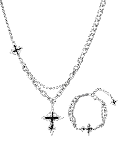 Image of 2-Piece Gothic Jewellery Set, Men Neck Chain with Cross Pendant, Punk Style Double Layer Necklace and Bracelet, Silver Alloy for Dailys Wear and Gift Giving