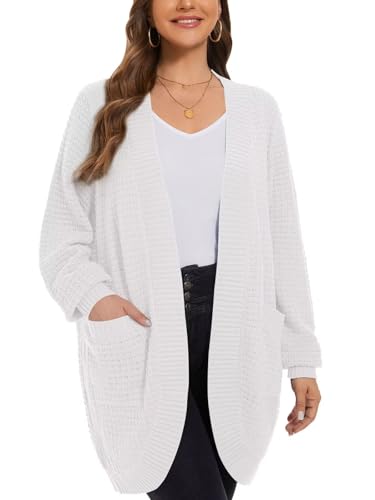 Image of LARACE Long Cardigans for Women Plus Size Tops Open Front Sweaters with Pockets Waffle Ribbed Sleeve Loose Fall Outwear