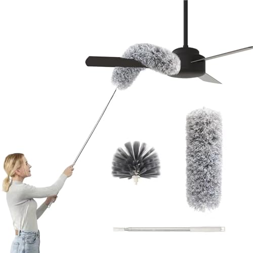 Image of Ceiling Fan Cleaner Duster with Extension Pole, Washable Cleaning Duster Kit with 2 Duster Heads, Cobweb Duster, Corner Brush, 21-100 Inch Long Telescoping Pole