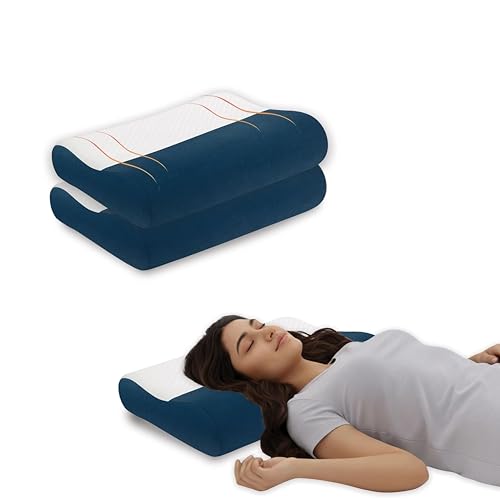 Image of Orthopedic Memory Foam Pillow Set of 2, Cervical Contour for Shoulder Pain Relief, Breathable Jacquard Velvet Cover with Protective Inner Case, Blue, 60 x 35 x 12 cm