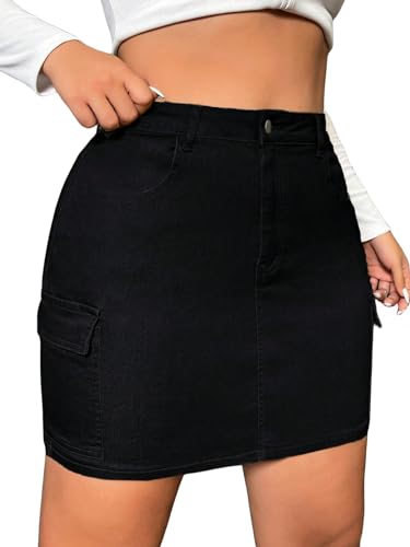 WDIRARA Women's Plus Size High Waist Cargo Denim Skirt Flap Pockets Zipper Fly Bodycon Mini Jean Skirt
