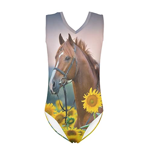 Pzuqiu Einteiliger Badeanzug mit modischem Aufdruck für Mädchen, weich, dehnbar, einteilig, schnell trocknend, Strand-Bademode, 5–14 Jahre, Pferd Sonnenblume, 11-12 Jahre