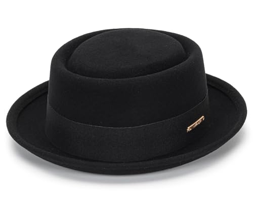 Image of Mens Flat Top Porkpie Hat Bowler Hats - Black Wool Hat with Band(S-M)