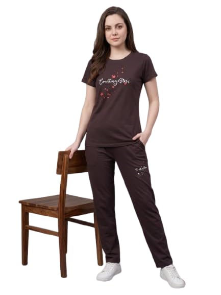 Image of Women's Cotton Printed Co-Ord Set Round Neck Half Sleeve T-Shirt with Matching Pants Comfortable Casual Lounge Wear Outfit