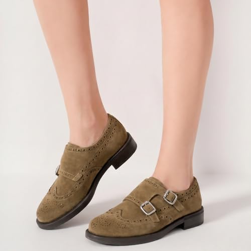 Image of BEAU TODAY Womens Leather Loafers, Monk Platform Loafer Shoes | Cowhide, Brogue Wingtip, Slip-on, Chunky Heel, Comfortable, Non-slip Durable, Business Casual Office Dress Shoes
