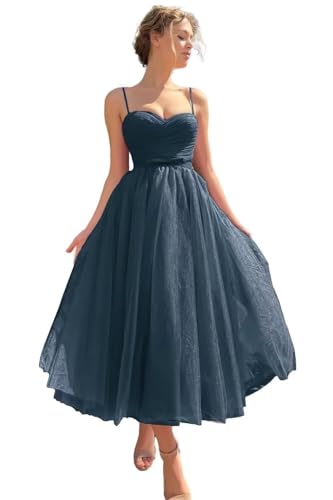 Image of A line Ruched Tulle Prom Dress Spaghetti Straps for Women, Tea Length Sweetheart Homecoming Dress Cocktail Dress