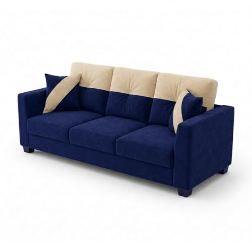 Image of Revola 5 Seater L Shape Sofa Set with 2 Movable Ottomans | Flexible Layout | Luxury Velvet Suede Fabric | Modern Living Room Sofa | Dark Blue-Cream