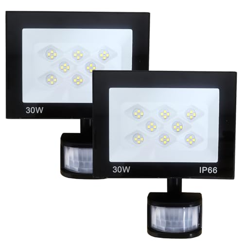 【2025年改良 リモコン操作】センサーライト 屋外 人感投光器 防犯照明 30W 4000LM 常時点灯機能 PIR人感 昼白色6500K 超高輝度 駐車場 玄関灯 倉庫 屋内 段階 廊下 カーポート 工場 町内の防犯に IP66防水 1.5mコード 日本語説明書付き PSE認証済【2個セット】
