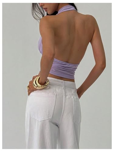 MakeMeChic Women's 3D Floral Crop Tops Mesh Draped Ring Linked Sleeveless Going Out Halter Top2