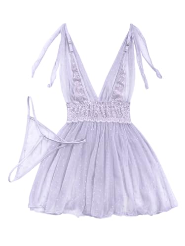 Image of Lilosy Sexy Polka Dots Mesh Sheer Lace Babydoll Chemise Lingerie Set Floral Sleep Wear