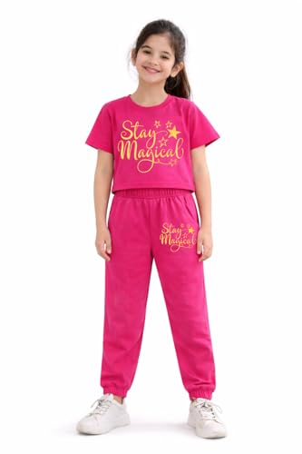 Image of Trampoline Girls Printed Co-Ord Set | Half Sleeve T-Shirt & Jogger Trackpant Set | Casual Wear Lounge Wear Outfit for Girls