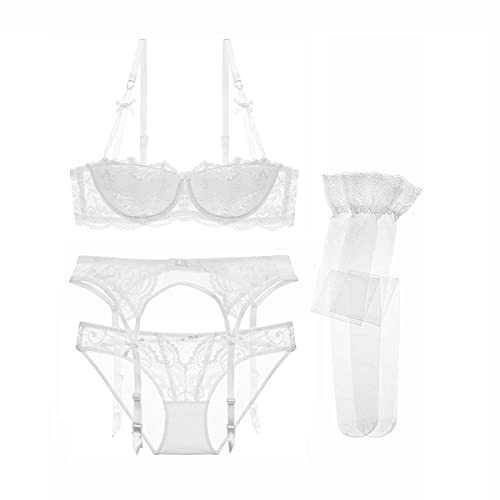 Women Push Up Bras Set Lace Lingerie Bra Panties Garter Stocking 4pcs/lot White - Thumbnail 5