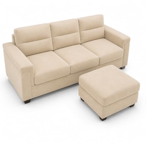 Image of FURNY Parker 3 Seater Sofa Set with Ottoman | Premium Suede Velvet Fabric Finish | Durable Comfort Sofa for Modern Living Room & Office Spaces (Cream)