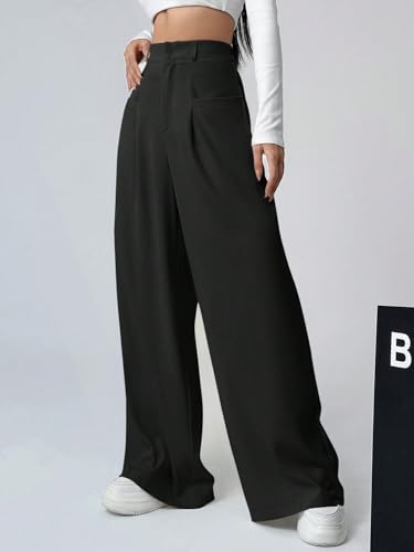Image of Shasmi Women's Loose Mid Rise Solid, Pleated Trousers, Wide Leg Pocket Casual Long Korean Trousers Pant (146)