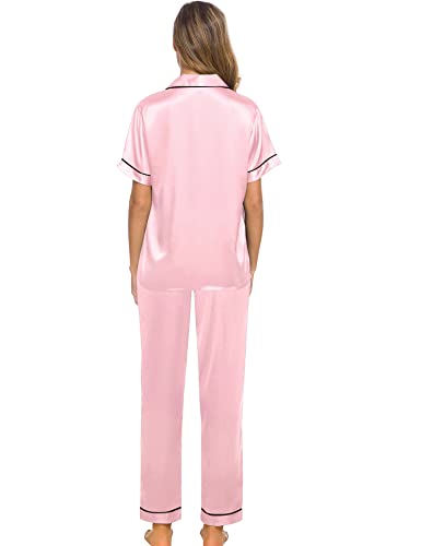 Swomog Womens Silk Satin Pajamas Short Sleeve Loungewear Two-Piece Sleepwear Button-Down Pj Set #TOP4
