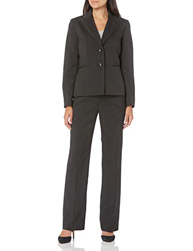 Le Suit Women's Petite 2 Button Notch Collar Pinstripe Pant Suit, Black/Loden, 14P